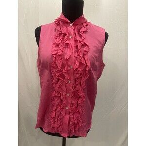 Vintage Jordan 100% silk blouse collard button down Hot pink ruffle front